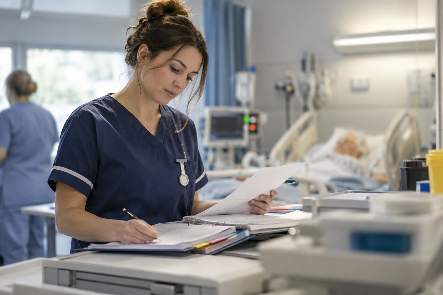 Infirmière concentrée sur son dossier