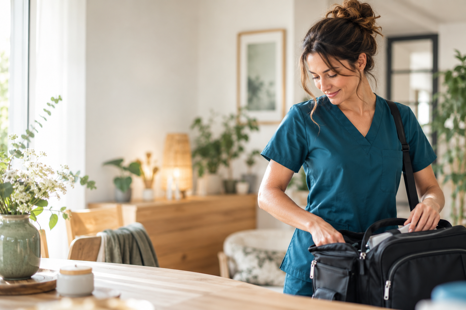 Infirmière préparant son sac médical